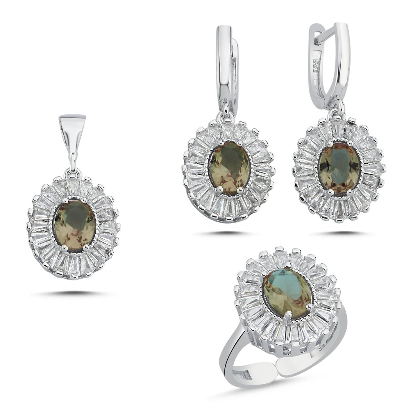 Damen Schmuckset Zultanit Oval Baguette CZ Einstellbar & 925 Silber – Halskette, Ahänger , Ohrringe & Ring