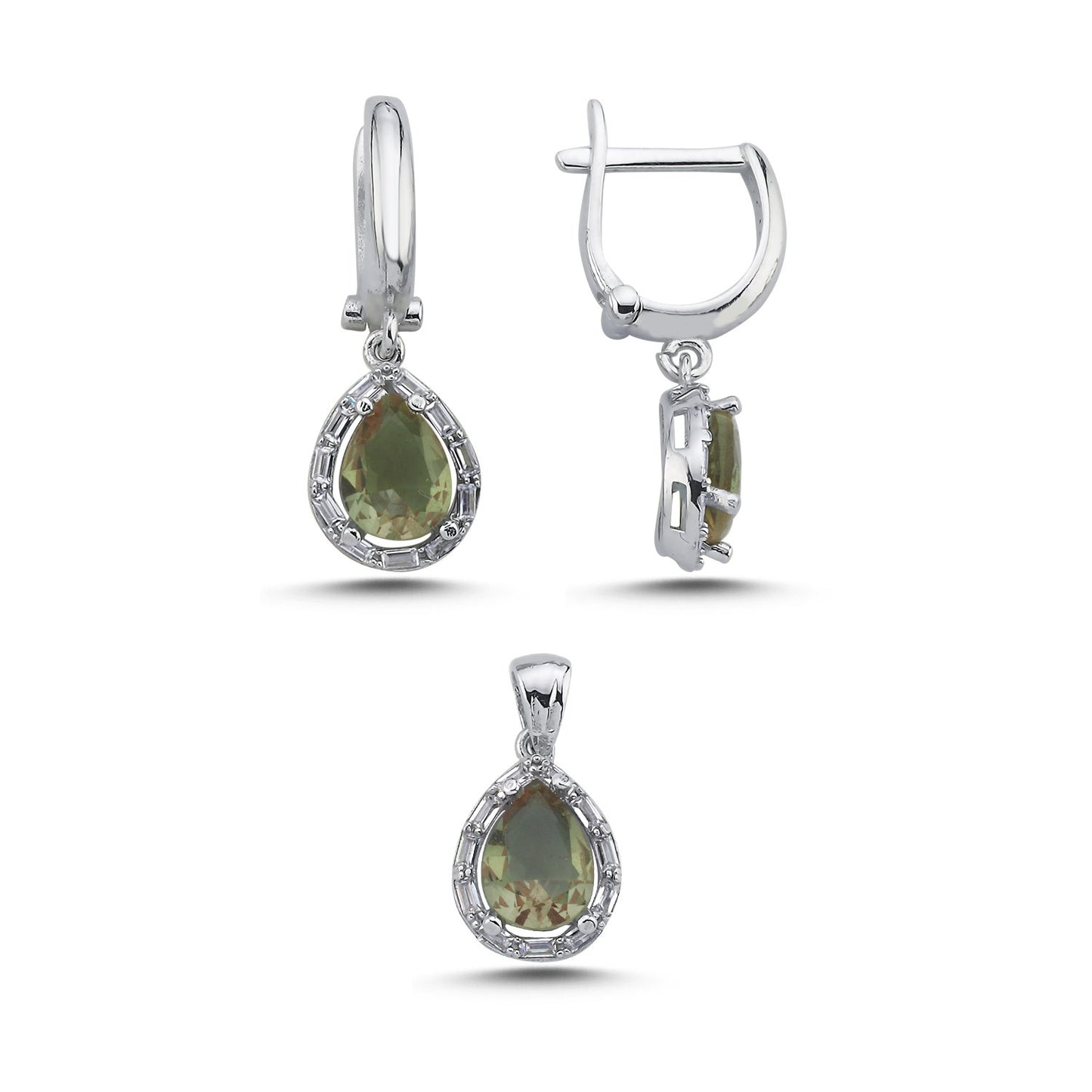 Zultanit Stein 925 Silber Schmuck Baguette Tropfen Sultanit Set Kette, Anhänger, Ohrclips Ohrringe