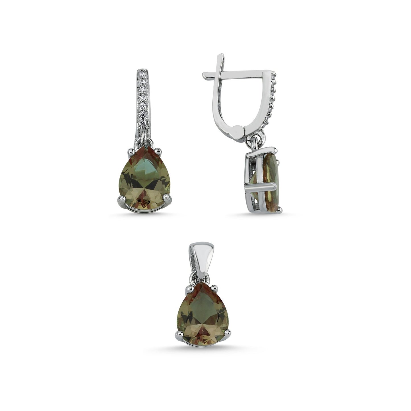 Zultanit Stein 925 Silber Schmuck Tropfen CZ Sultanit Set Kette, Anhänger, Ohrclips Ohrringe