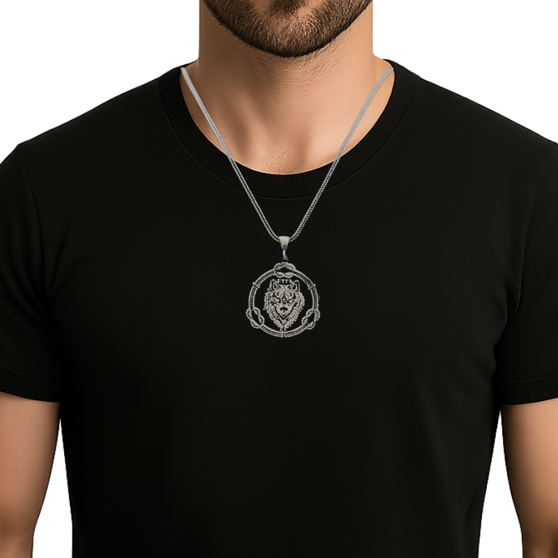 Bozkurt Wolf Anhänger mit 60 cm Fuchsschwanzkette – 925 Sterling Silber | Göktürk “TÜRK” Inschrift