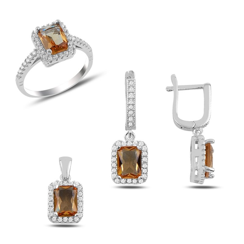 Damen Schmuckset Zultanit Baguette & CZ & 925 Silber – Halskette, Ahänger , Ohrringe & Ring
