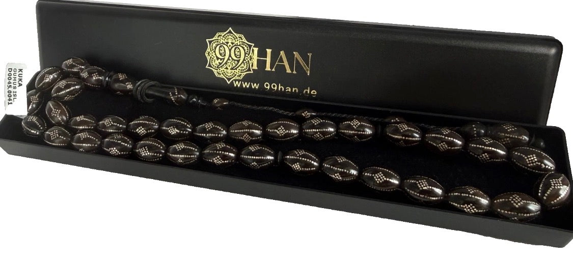 Edle Kuka Tesbih Gebetskette (33 Perlen) – Silber-bestickt, 14mm Gerstenform / 41 cm