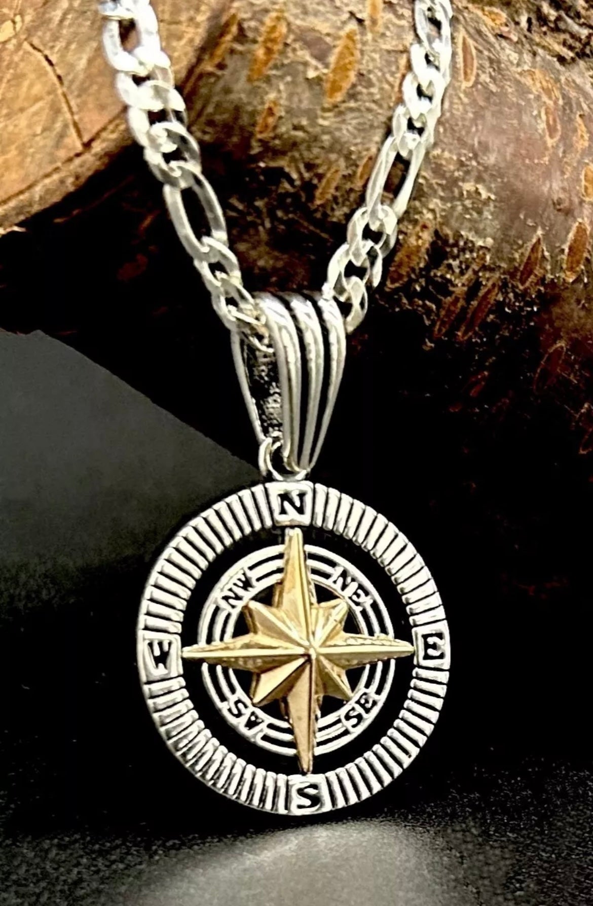Kompass Anhänger mit Figarokette - 925er Silber Herren-Halskette