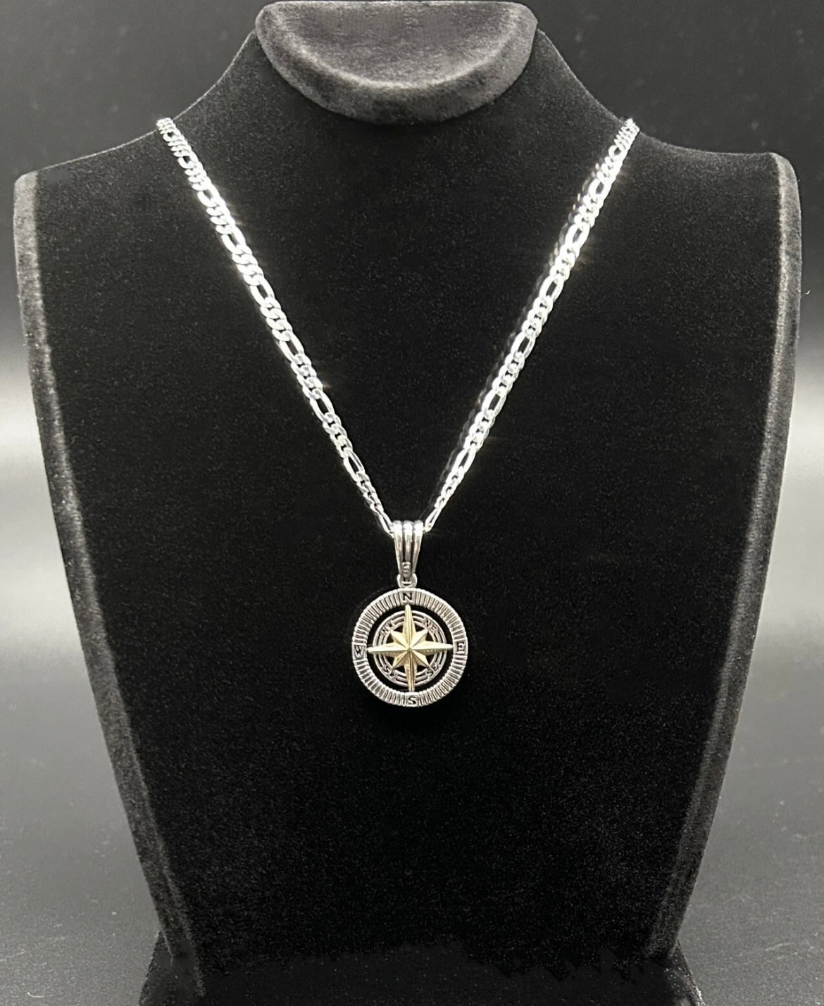 Kompass Anhänger mit Figarokette - 925er Silber Herren-Halskette