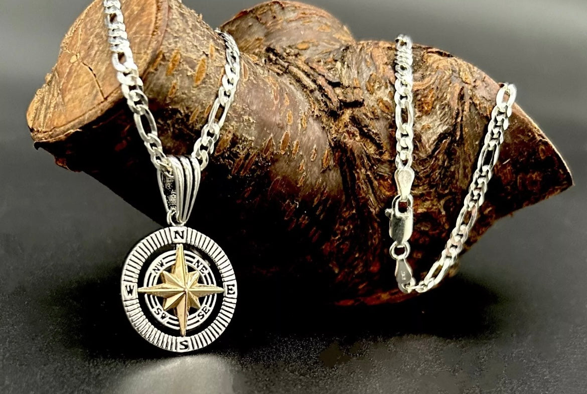 Kompass Anhänger mit Figarokette - 925er Silber Herren-Halskette