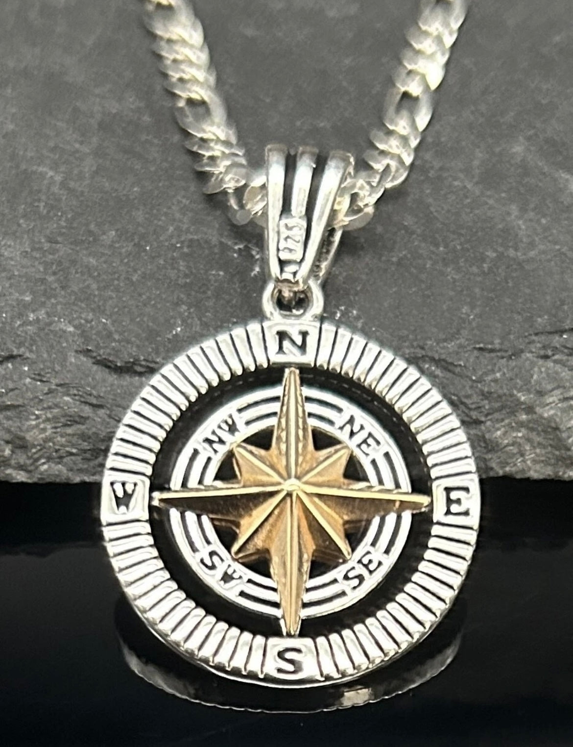 Kompass Anhänger mit Figarokette - 925er Silber Herren-Halskette