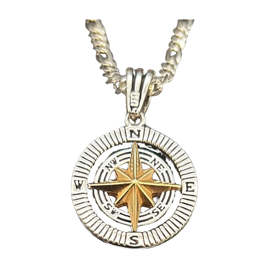 Kompass Anhänger mit Figarokette - 925er Silber Herren-Halskette