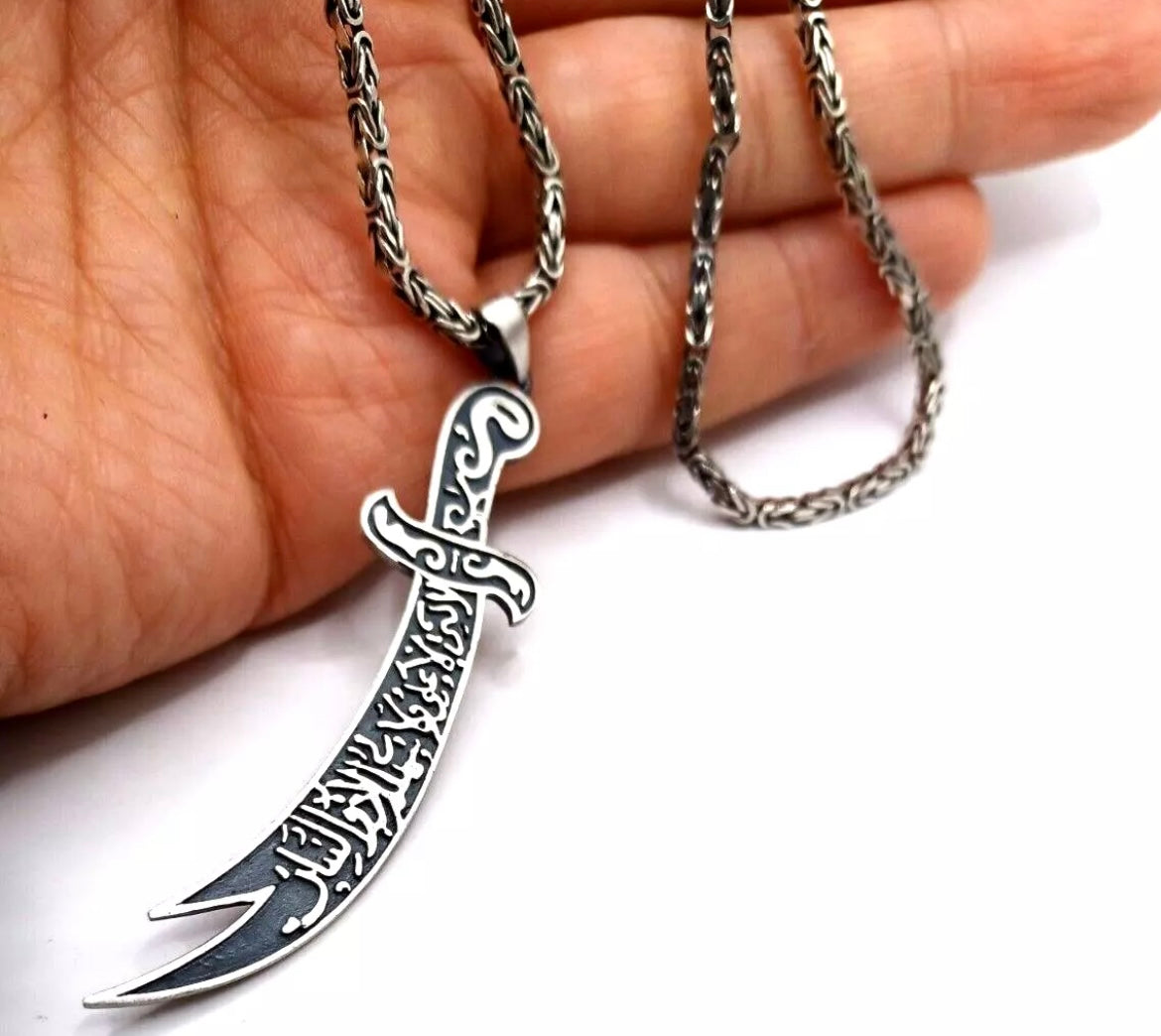 Zülfikar Anhänger mit Königskette – 925er Silber  Hz. Ali Schwert