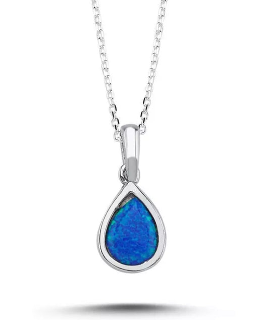 Elegante 925er Silber Halskette mit Tropfen-Anhänger – Blauer Opal Edelstein, Handgefertigt