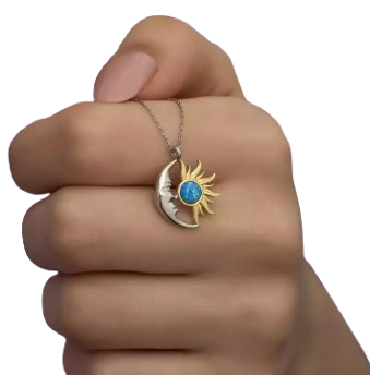 Opal Anhänger mit Kette – 925 Sterling Silber Mond und Sonne Design in Blau