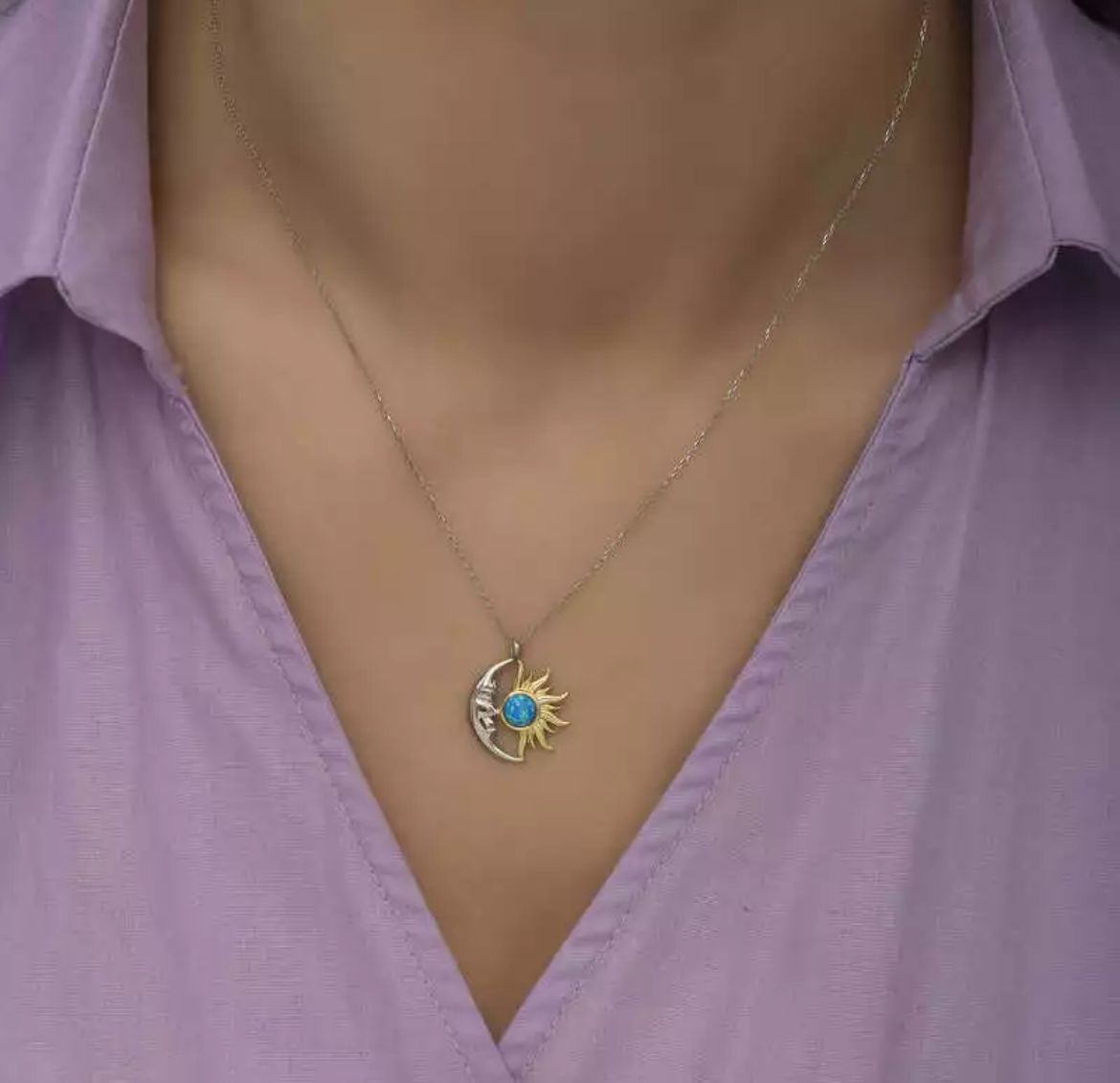 Opal Anhänger mit Kette – 925 Sterling Silber Mond und Sonne Design in Blau