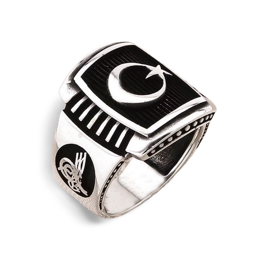 Herrenring aus 925 Sterling Silber mit AY YILDIZ & Osmanischem Tughra-Motiv