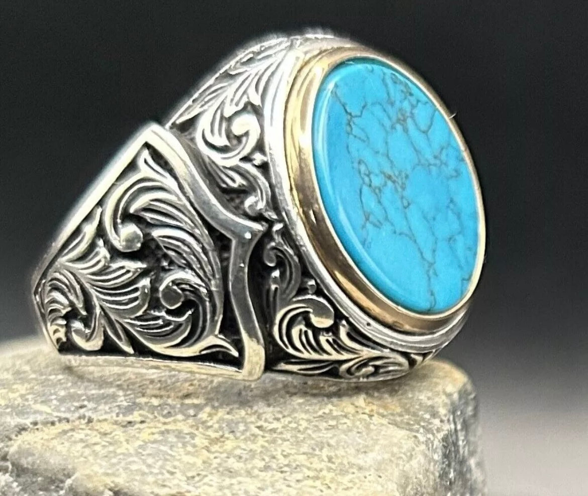 Herrenring mit Türkis Stein – 925 Sterling Silber mit Gravur