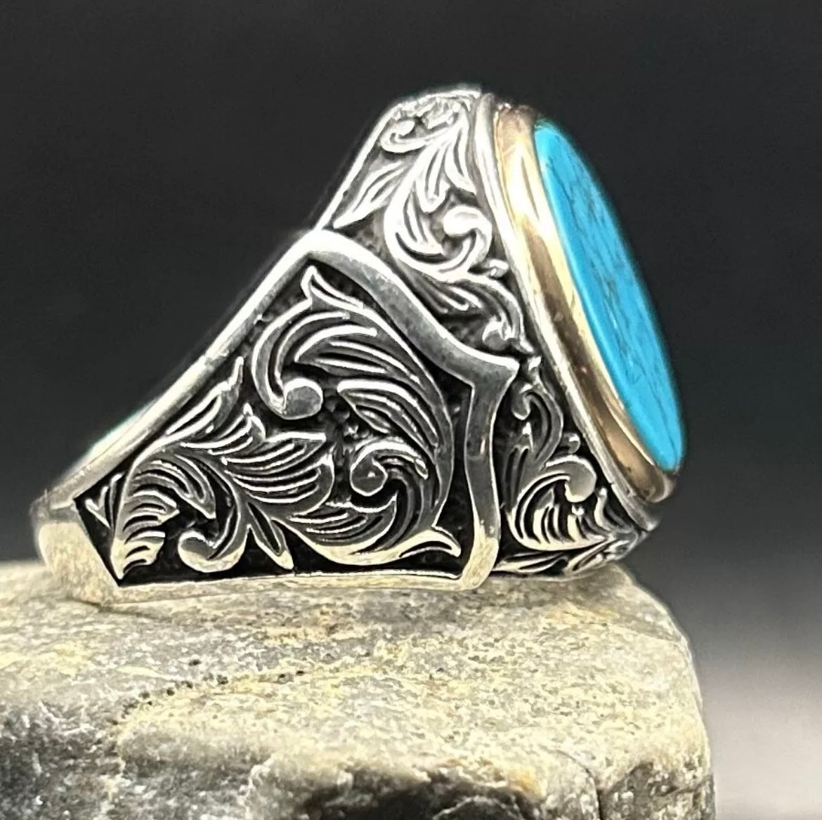 Herrenring mit Türkis Stein – 925 Sterling Silber mit Gravur