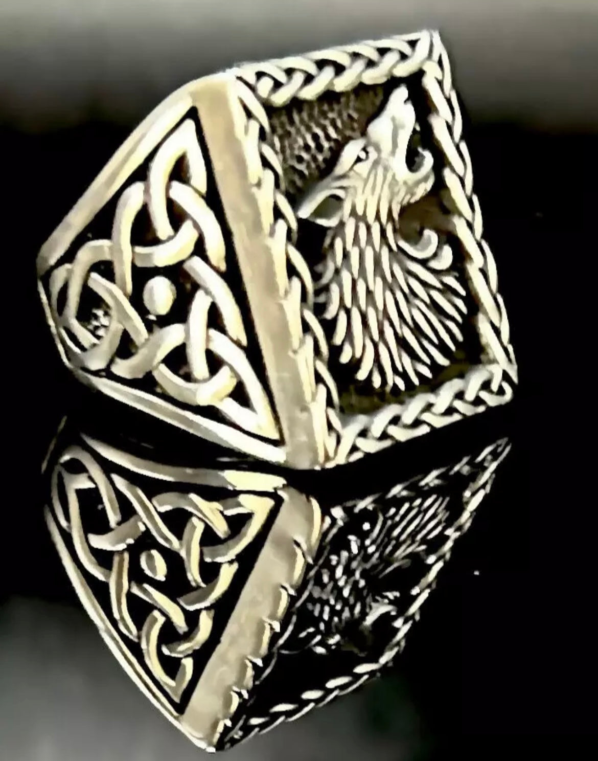 Wolfsring Herrenring aus 925 Sterling Silber | Wolfskopf mit Knoten-Design Wolf
