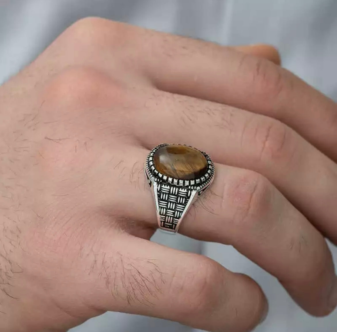 Herrenring 925 Sterling Silber mit Tigerauge – Ovaler Massiver Siegelring