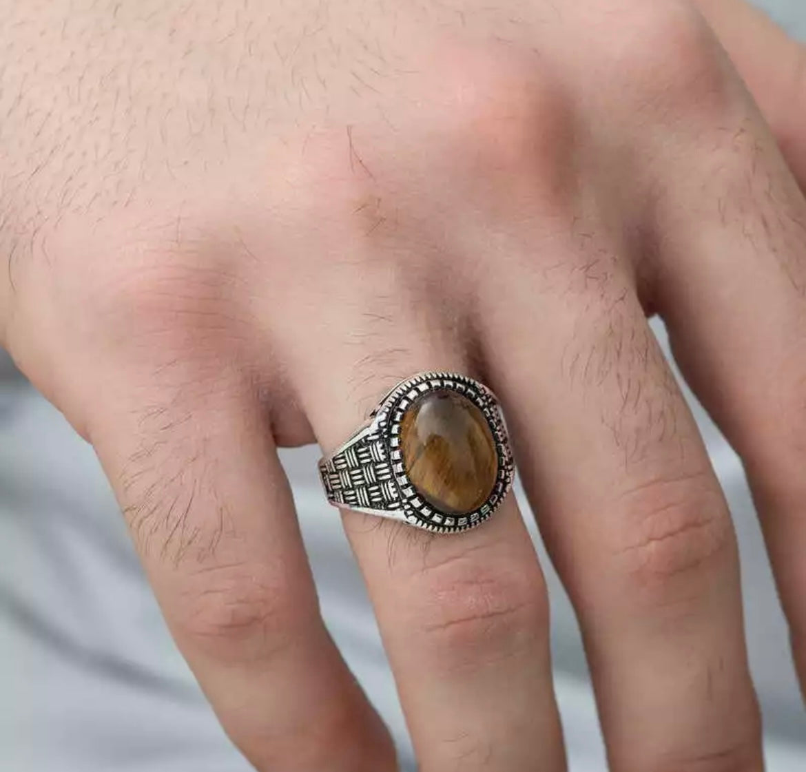 Herrenring 925 Sterling Silber mit Tigerauge – Ovaler Massiver Siegelring