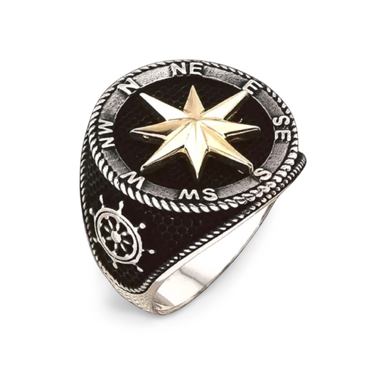Kompass Herrenring aus 925 Sterling Silber – Wikinger Siegelring mit Nautischem Stern