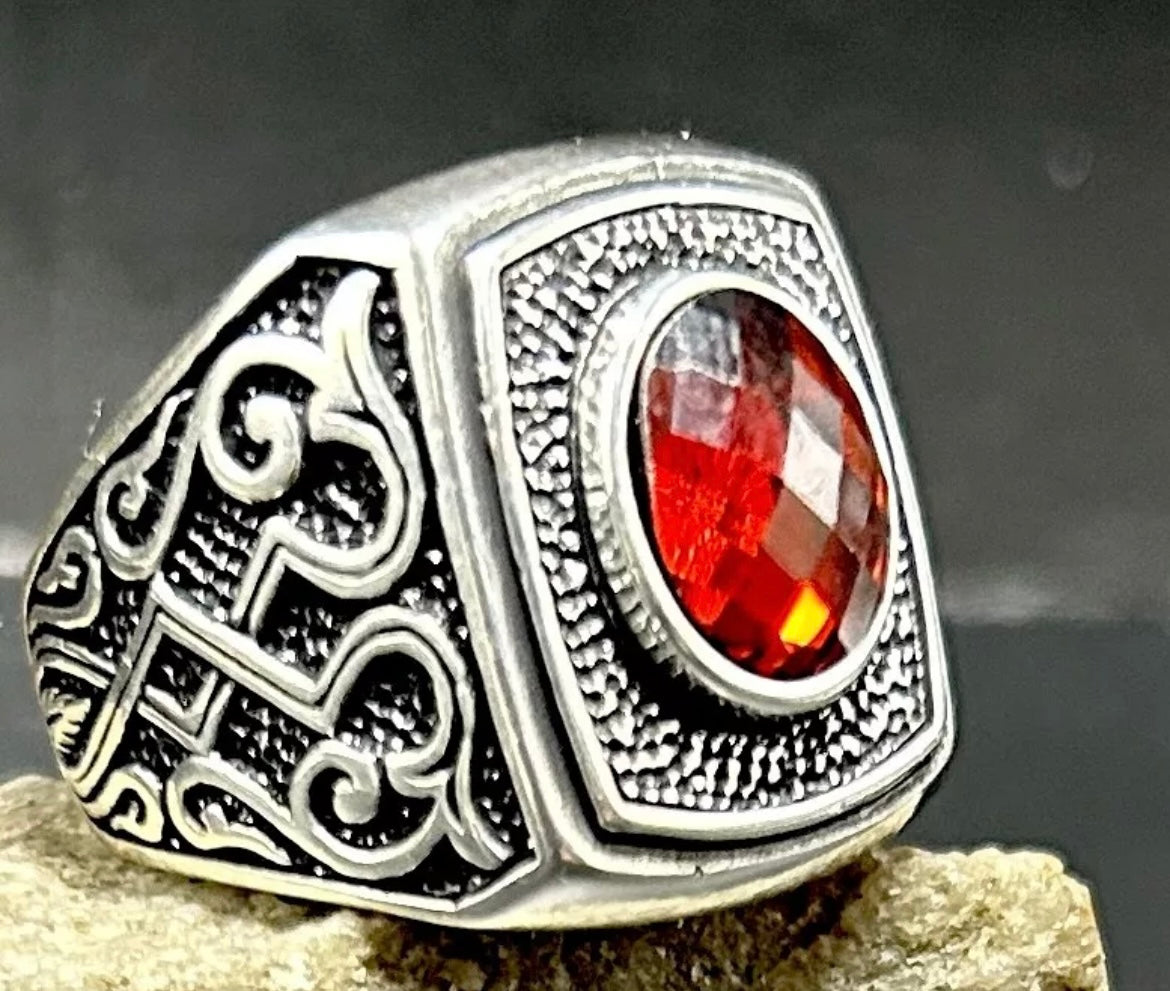 Herrenring 925 Sterling Silber mit rotem Zirkonia – Massiver Silberring