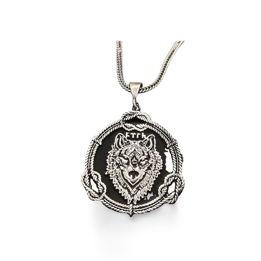 Bozkurt Wolf Anhänger mit 60 cm Fuchsschwanzkette – 925 Sterling Silber | Göktürk “TÜRK” Inschrift