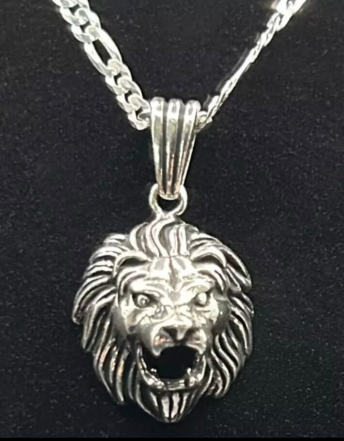 3D Löwenkopf Anhänger & 60 cm Figaro-Kette – 925 Sterling Silber Schmuck Löwe
