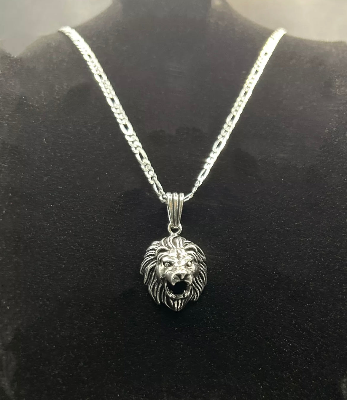 3D Löwenkopf Anhänger & 60 cm Figaro-Kette – 925 Sterling Silber Schmuck Löwe
