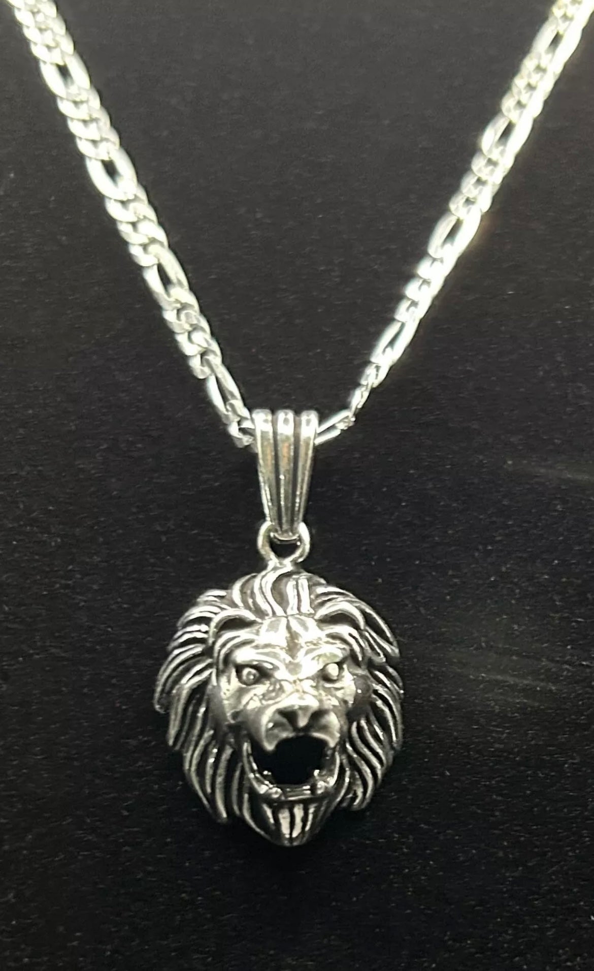 3D Löwenkopf Anhänger & 60 cm Figaro-Kette – 925 Sterling Silber Schmuck Löwe