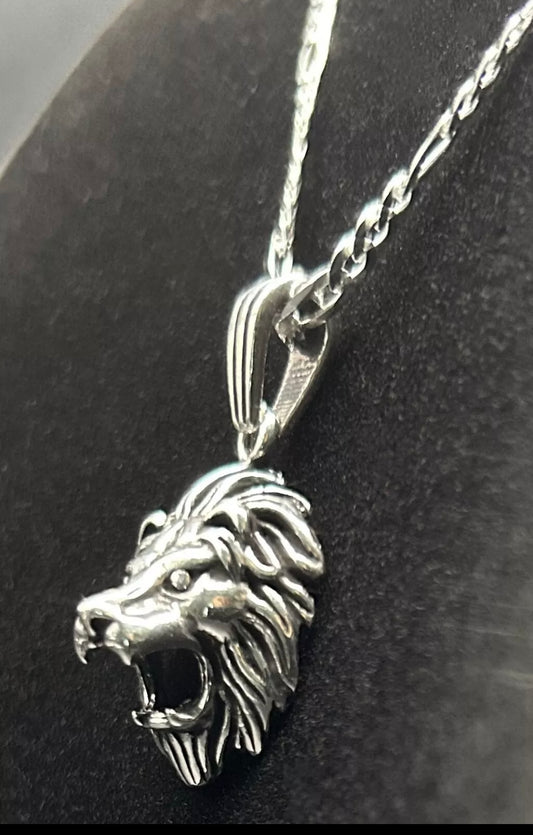 3D Löwenkopf Anhänger & 60 cm Figaro-Kette – 925 Sterling Silber Schmuck Löwe