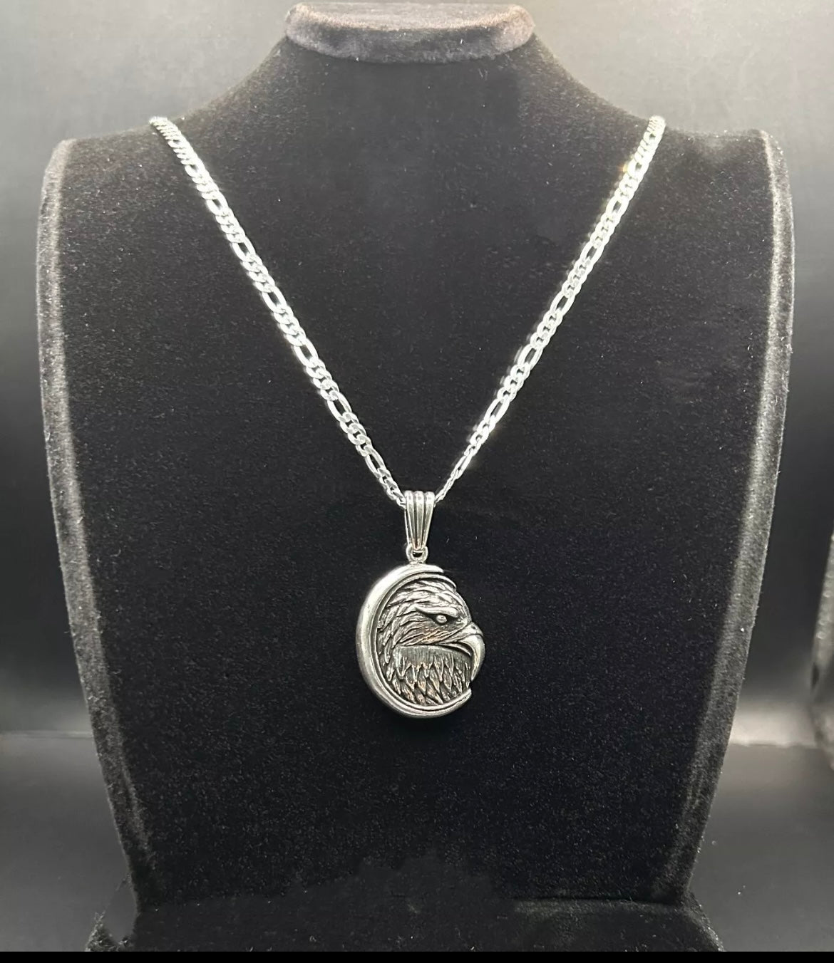 3D Adlerkopf Anhänger mit 60 cm Figaro-Kette – 925 Sterling Silber