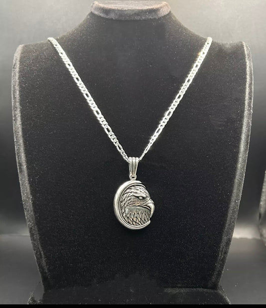 3D Adlerkopf Anhänger mit 60 cm Figaro-Kette – 925 Sterling Silber