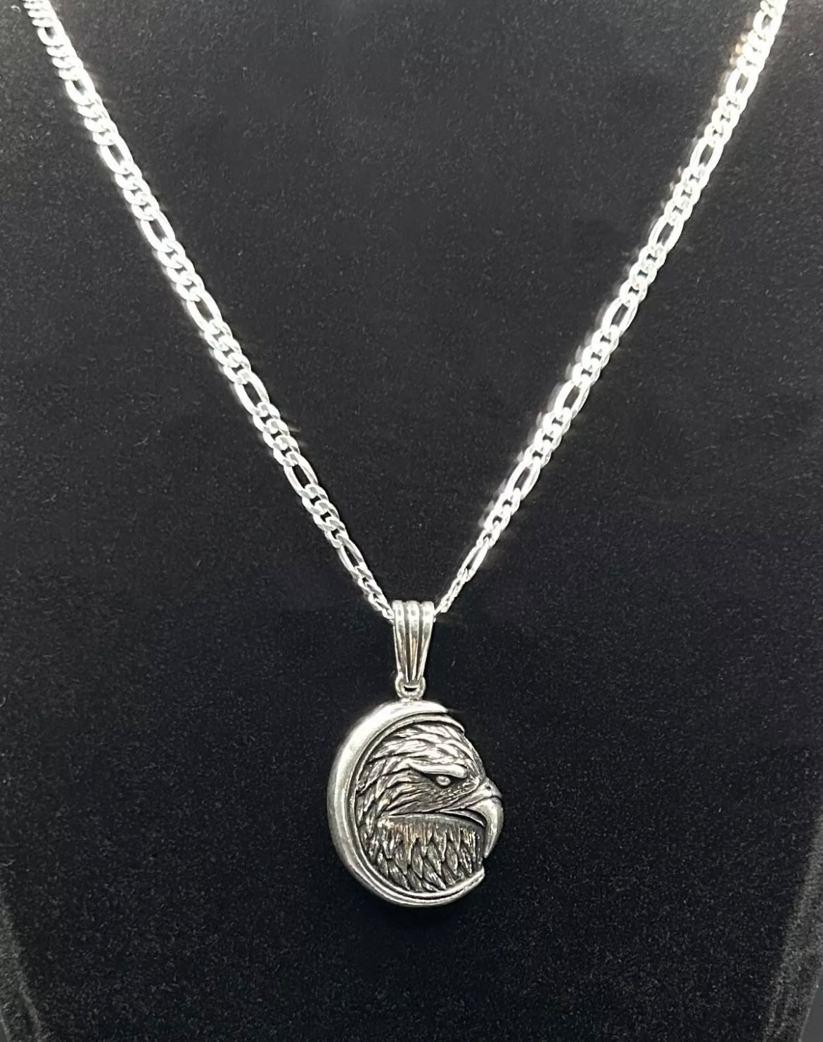 3D Adlerkopf Anhänger mit 60 cm Figaro-Kette – 925 Sterling Silber