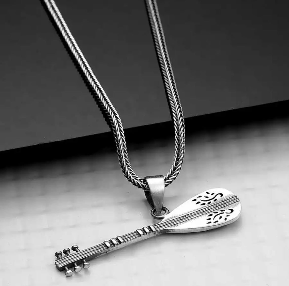 Saz Gitarre Anhänger & 55cm Kette | 925 Silber Musikerschmuck | Türkische Baglama