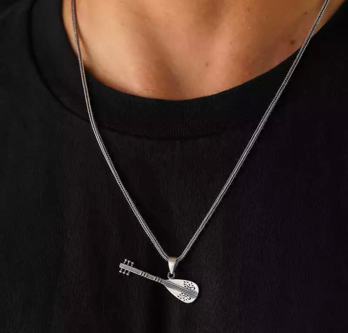 Saz Gitarre Anhänger & 55cm Kette | 925 Silber Musikerschmuck | Türkische Baglama