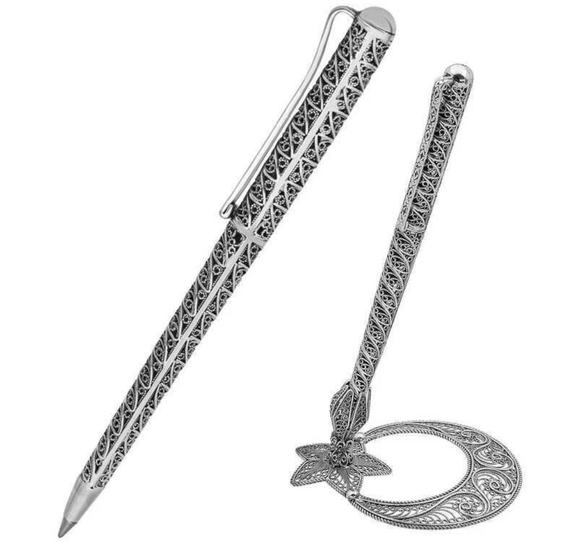 Ay Yıldız Kugelschreiber mit Halter – Massiv 925 Sterling Silber Schreibset Halbmond Stern Design