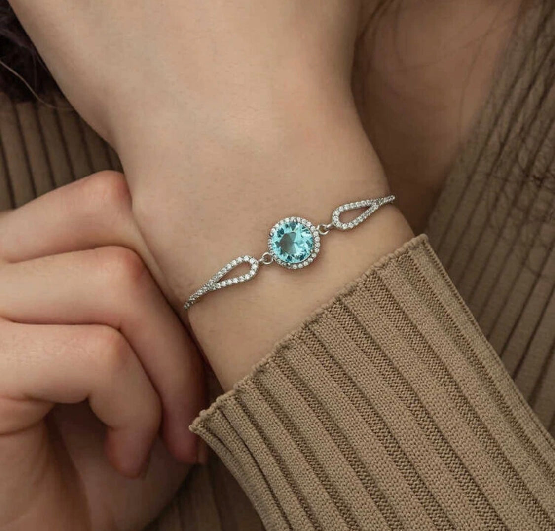 Aquamarin Armband Damen 925 Sterling Silber –  Zirkonia Blau, verstellbar