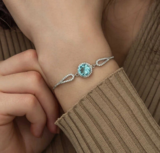 Aquamarin Armband Damen 925 Sterling Silber –  Zirkonia Blau, verstellbar