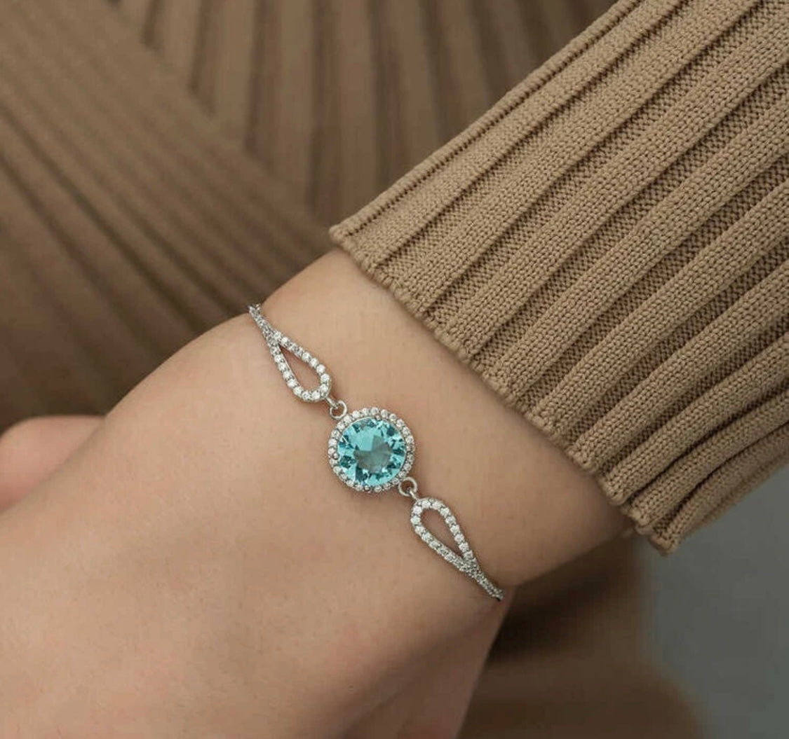 Aquamarin Armband Damen 925 Sterling Silber –  Zirkonia Blau, verstellbar