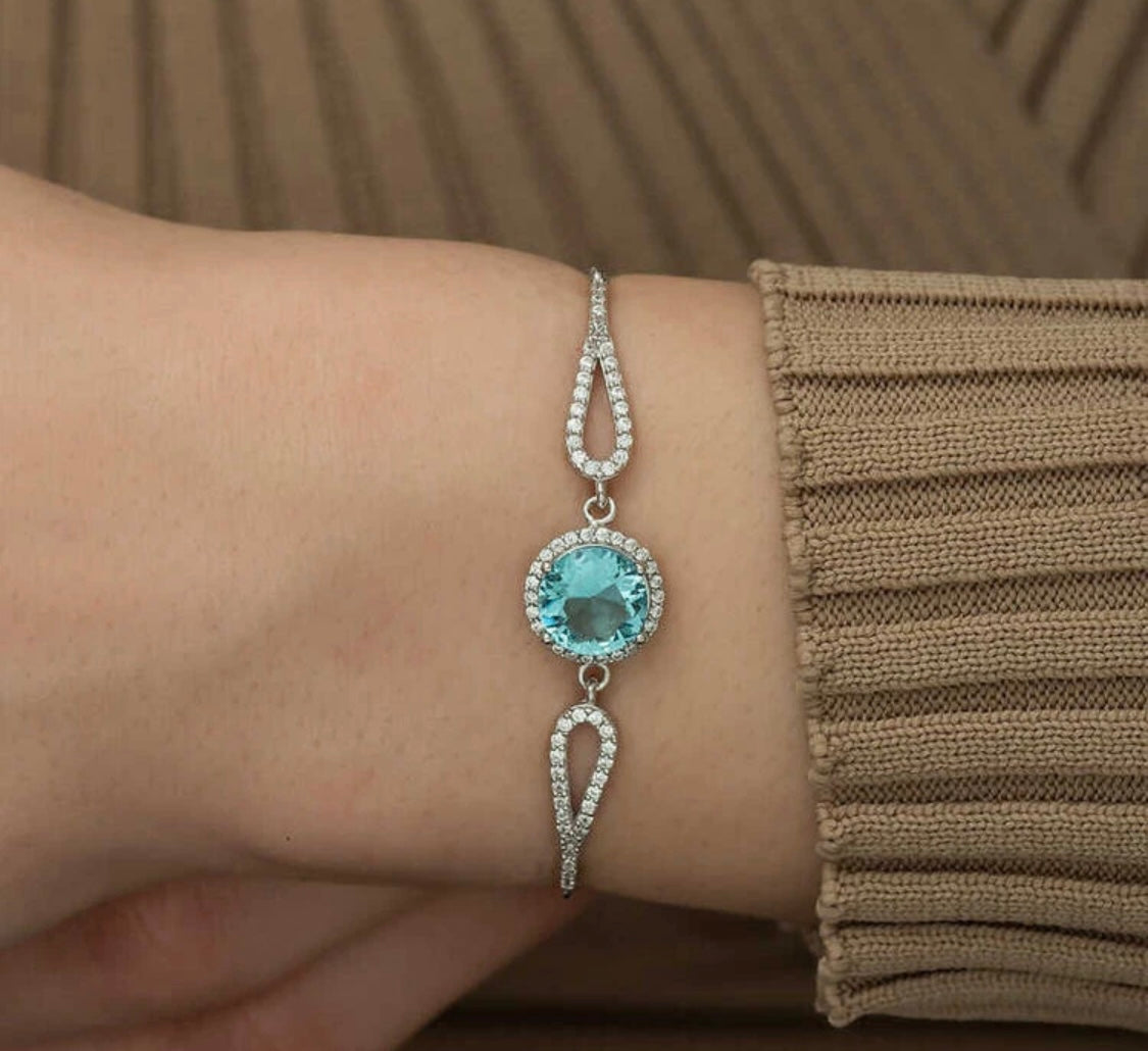 Aquamarin Armband Damen 925 Sterling Silber –  Zirkonia Blau, verstellbar