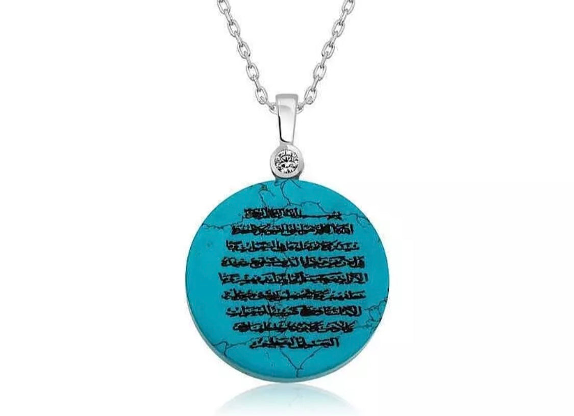 Ayetel Kürsi Kette Damen – Ovaler Anhänger mit Türkisstein & Zirkonia | Islamische Halskette 925 Silber | Nazar Dua