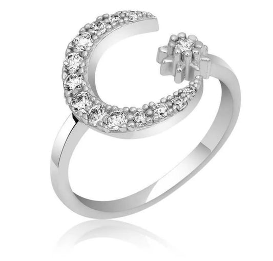Damenring Ay Yıldız – 925 Sterling Silber mit Mond & Stern | Verstellbar & Zirkonia