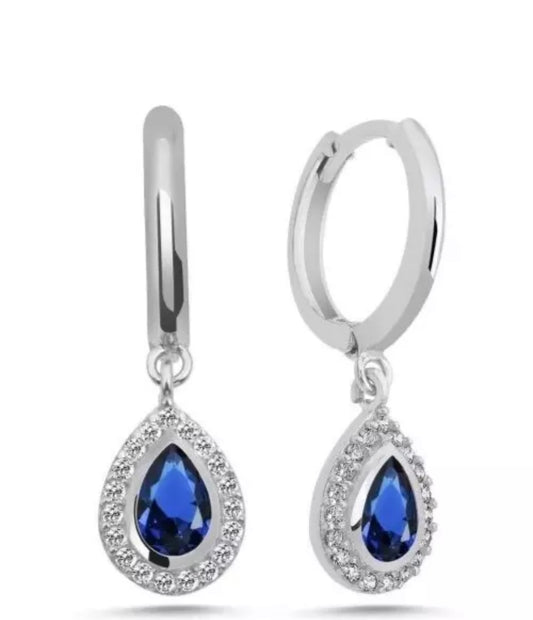 925 Silber Damen Ohrringe rhodiniert | Tropfenform mit Zirkonia in Saphirblau