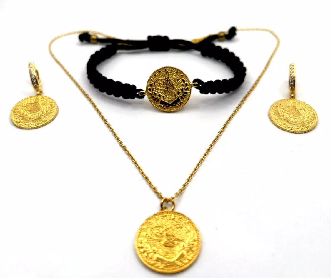 Osmanisches Tugra Schmuckset 925 Silber vergoldet | Halskette, Armband & Ohrringe