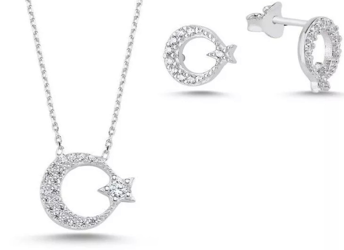 Ay Yildiz Damen Schmuckset 925 Silber | Halskette & Ohrstecker mit Zirkonia