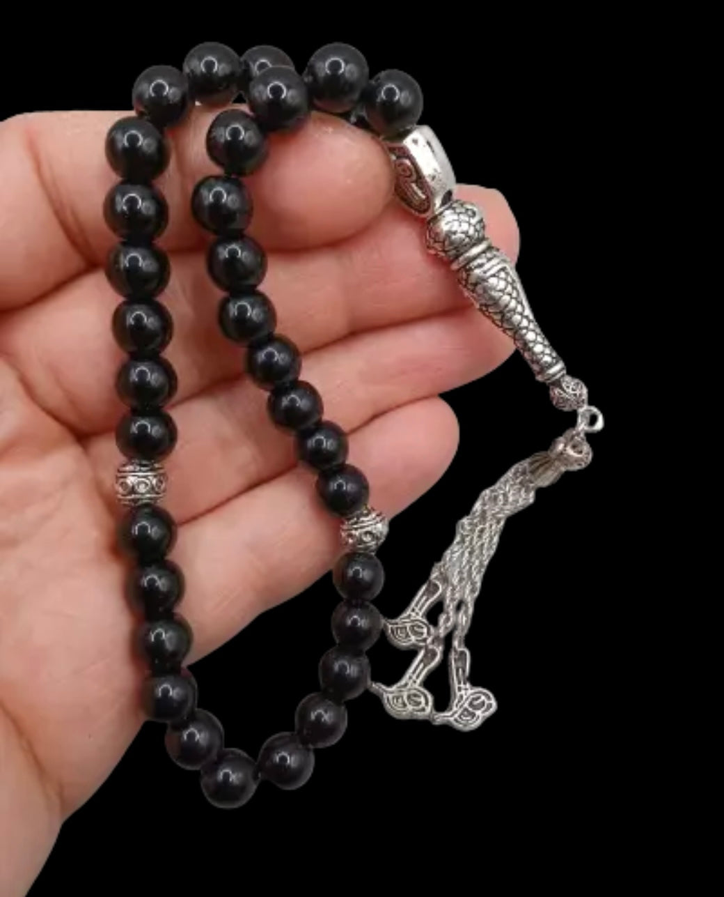 Onyx Tesbih – Naturstein Gebetskette mit Tugra-Anhänger