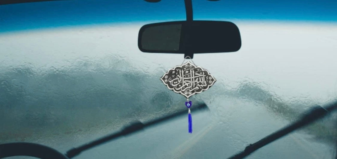 Bismillah Auto Innenspiegel Anhänger – Wanddeko aus 925er Silber | Besmele-i Şerif & Nazar