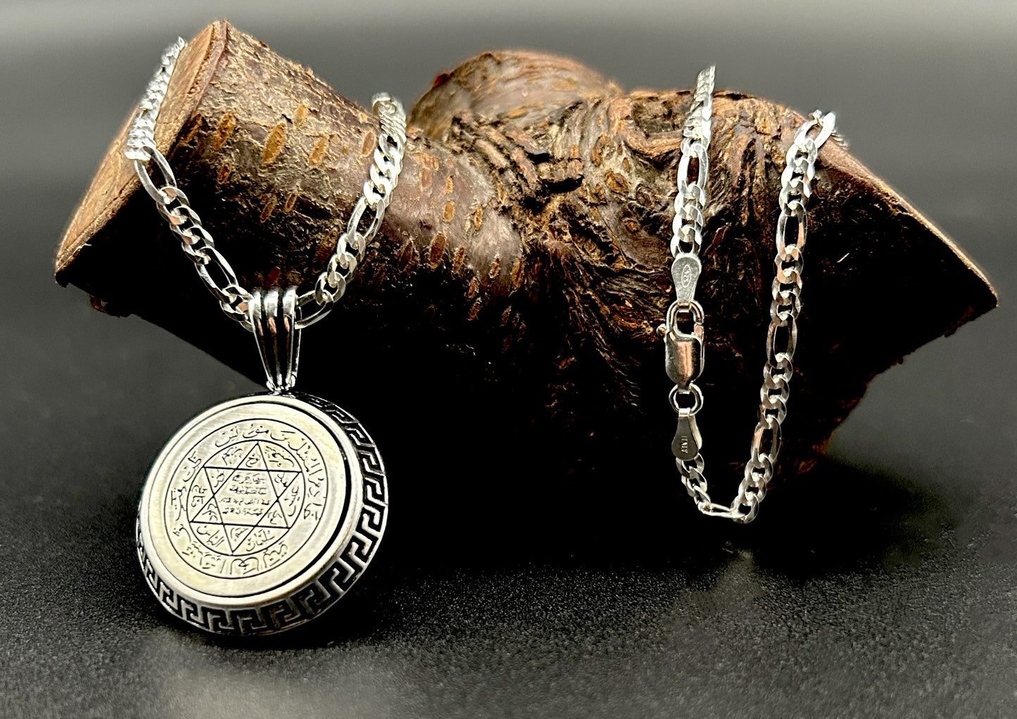 Hz.Süleyman Mührü Gümüs 3D Süleyman 925 Silber Siegel Salomons mit Figaro Kette