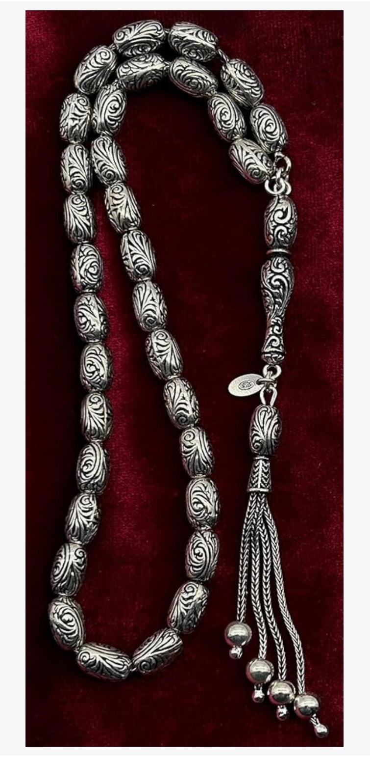 Tesbih aus 925er Silber - Stift Gravur handgefertigter spezielverarbeitet Sterlingsilber Gebetskette