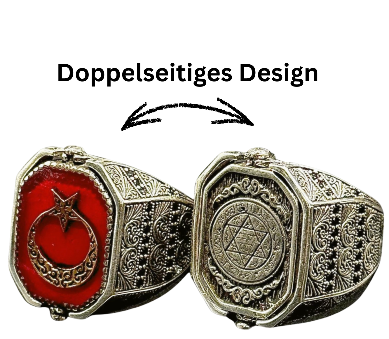 Herrenring 925 Sterling Silber mit Doppelseitiges Design Siegel des Salomons Hz. Süleyman & Ay Yildiz