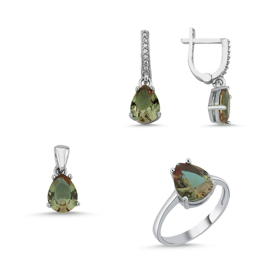 Zultanit Stein 925 Silber Schmuck Tropfen Sultanit Set Kette, Anhänger, Ohrringe, Ring