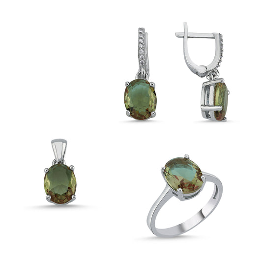 Zultanit Stein 925 Silber Schmuck Oval Sultanit Set Kette, Anhänger, Ohrringe, Ring